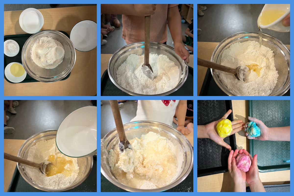 A collage of the playdough making process