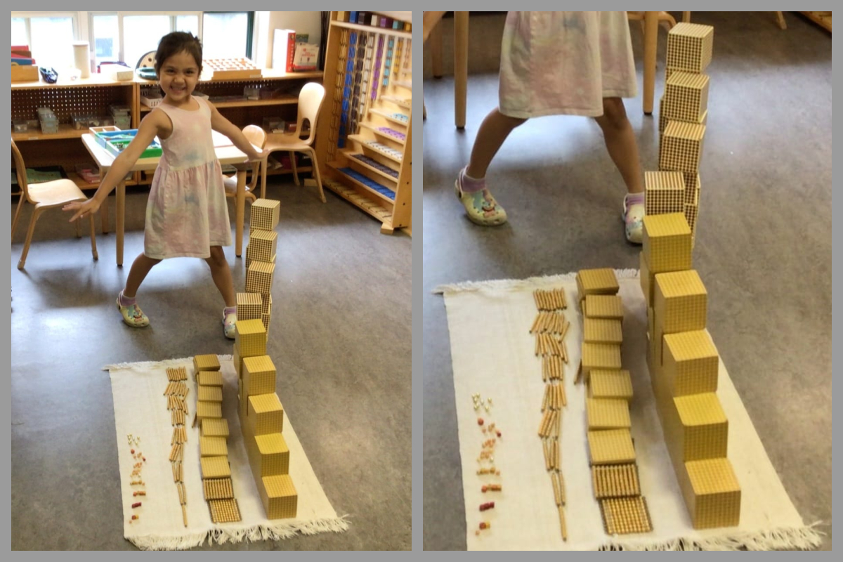 A collage of a child in front of her Birds Eye View activity