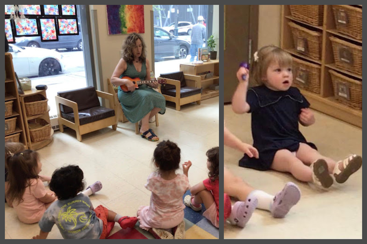 Collage of children in music class