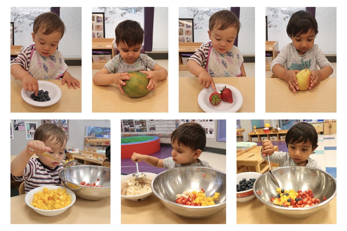 A collage of children observing, feeling, scooping and mixing fruit into a fruit salad