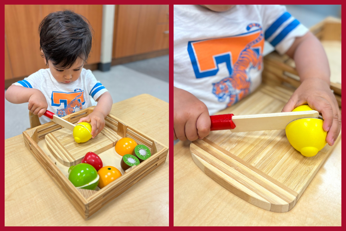 A collage of a child cutting a velcro lemon in half with a wooden knife