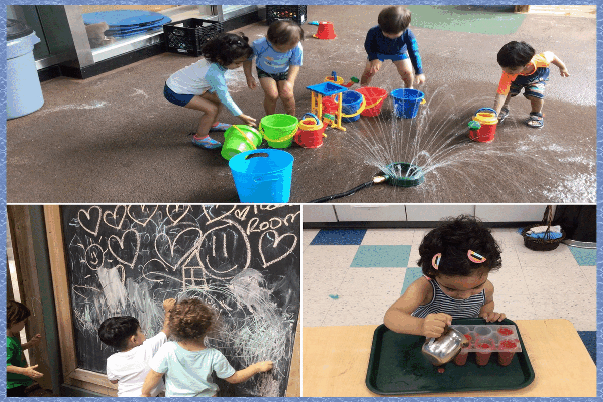 Children filling buckets with a sprinkler, colouring on a chalk board, and making fruit yogurt pops