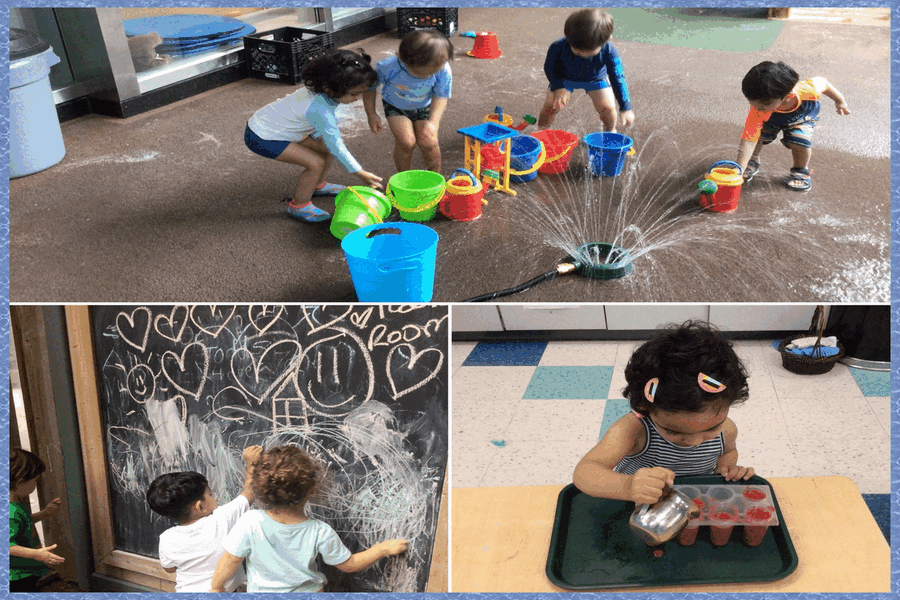 Children filling buckets with a sprinkler, colouring on a chalk board, and making fruit yogurt pops