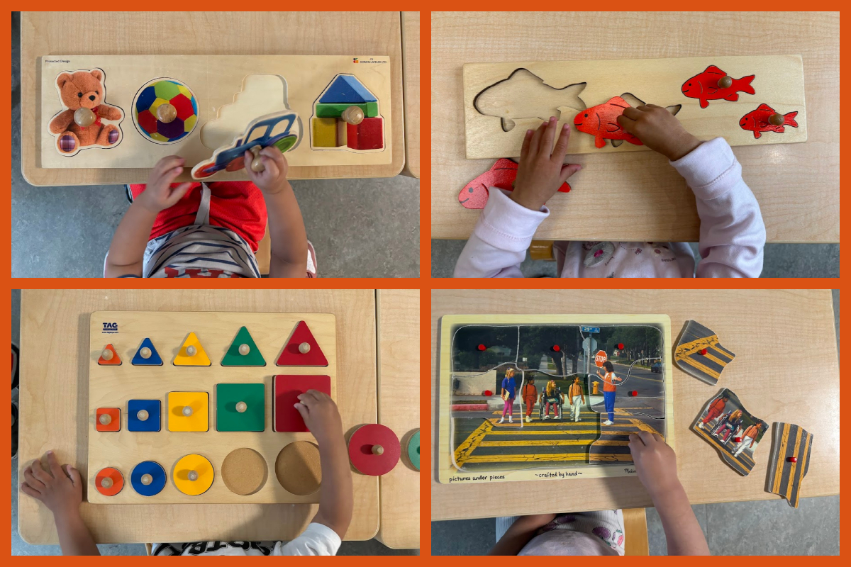 A collage of children working with various puzzles with larger and smaller knobs