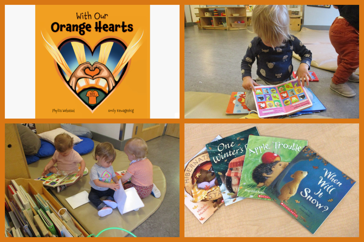 A collage of children looking at various books