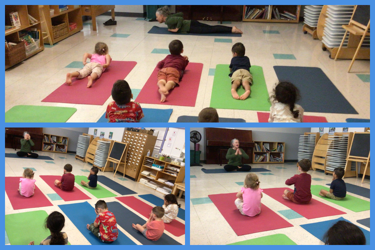 A collage of children practicing yoga poses on mats with Cheeba