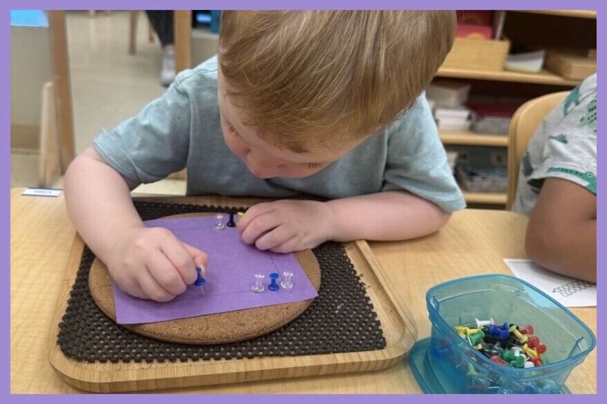 A child pricking holes in a square shape outline on a purple piece of paper.