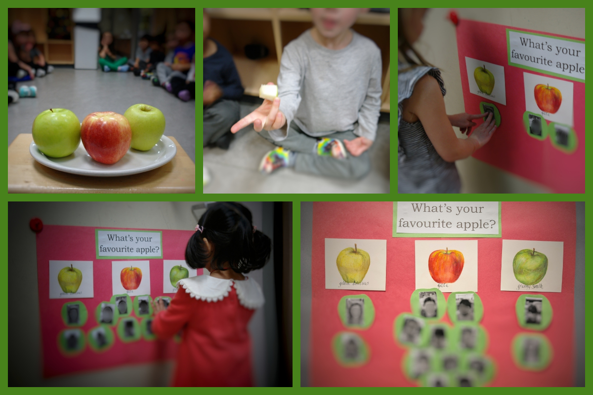 A collage of apples, a child holding a piece of apple, children placing their picture under a picture of their favourite apple, and the completed board