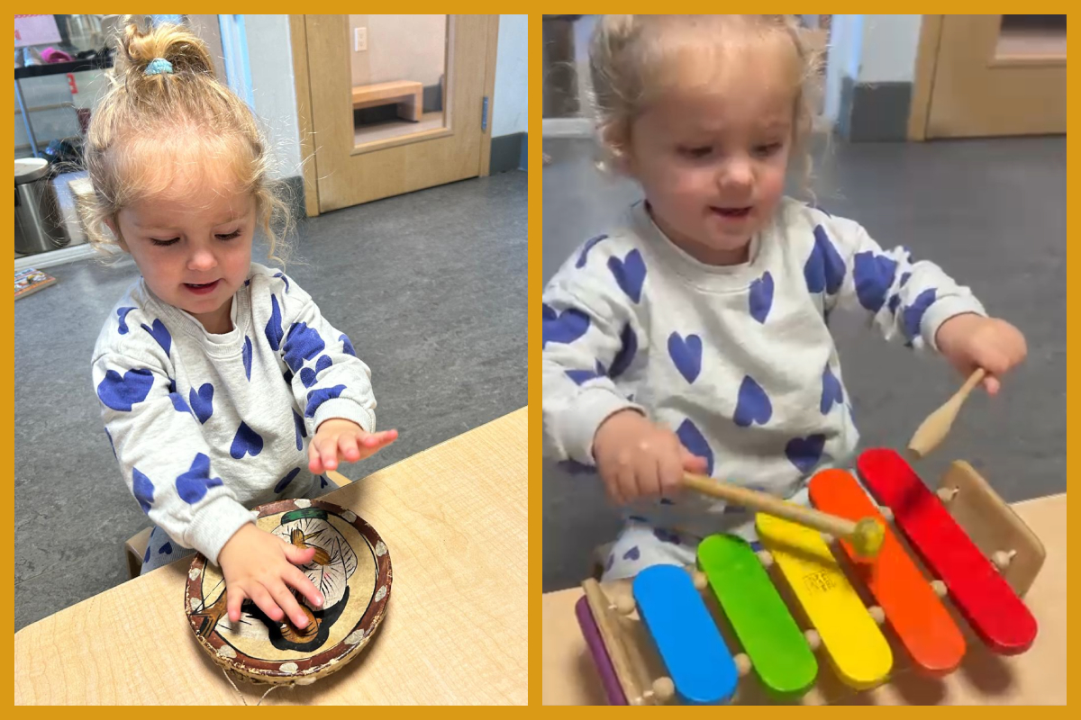 A collage of a child tapping on a drum and a xylophone