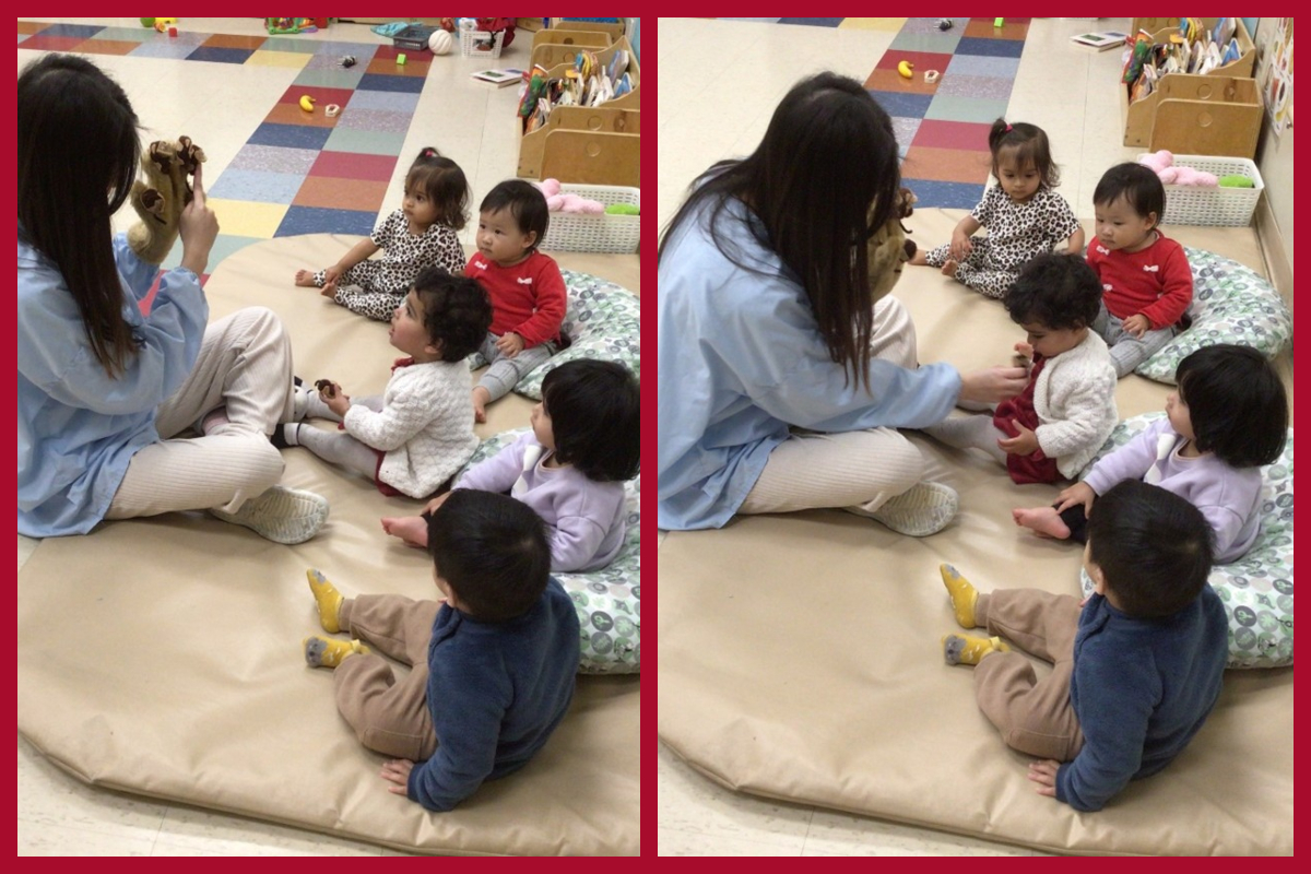 A collage of children observing a 5 Little Monkeys hand puppet and one child getting close to a monkey finger puppet