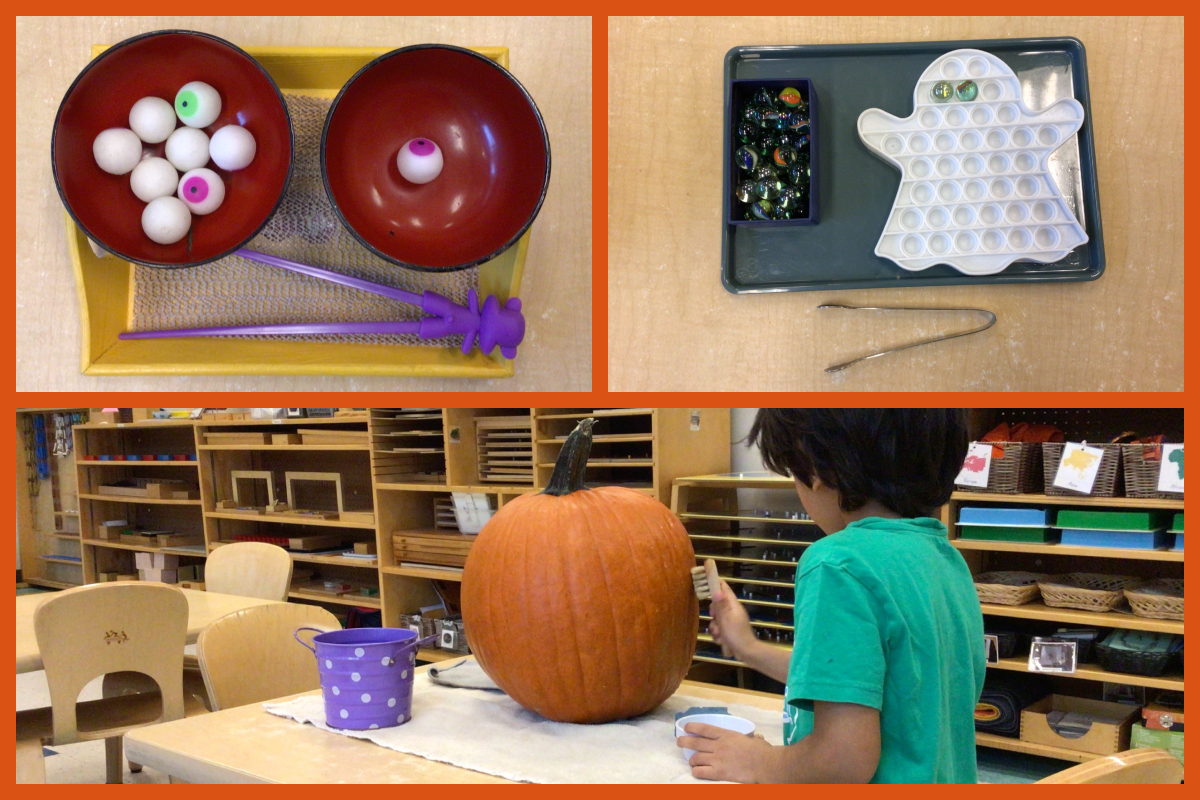 A collage with a plastic eyeball tweezer transferring activity, a ghost and marble tong transferring activity, and a child brushing a pumpkin