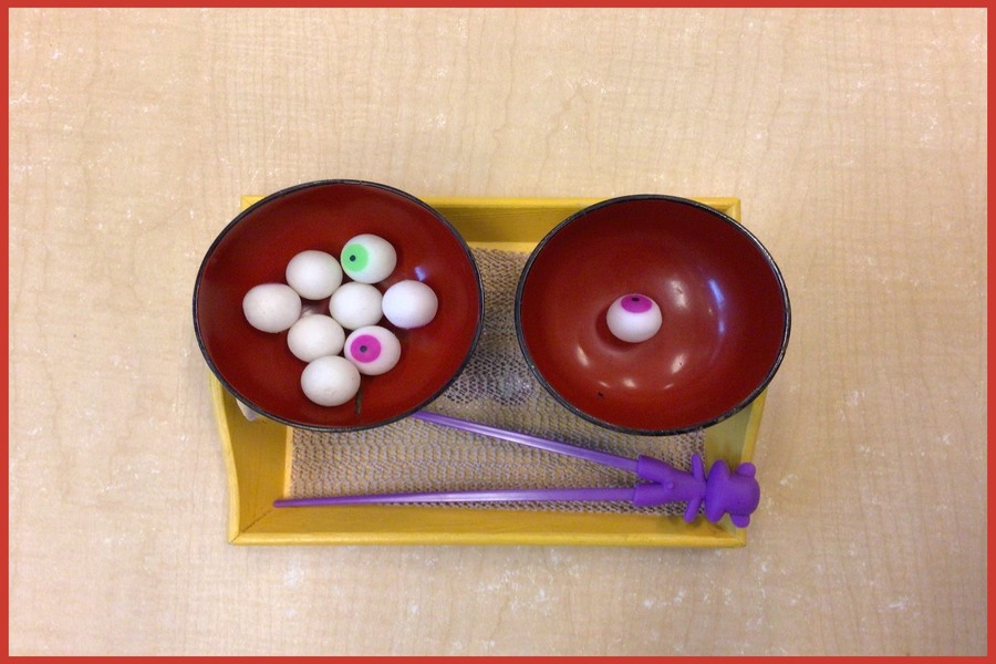 A transferring activity with 2 bowls, plastic eyeballs, and tweezers/chopsticks