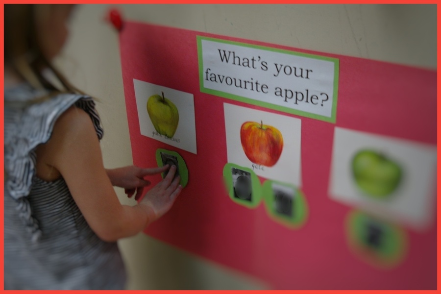 A child placing their picture under their favourite type of apple