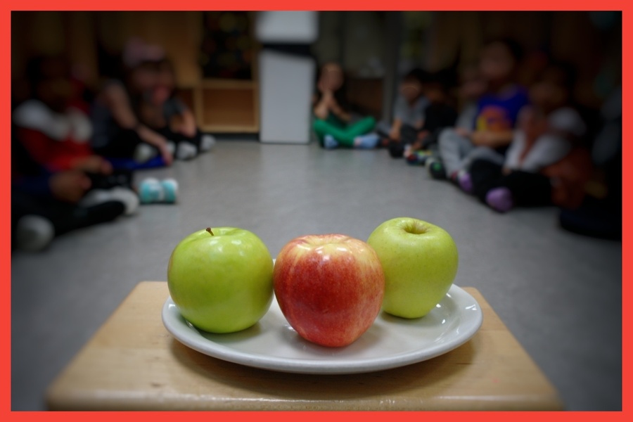 A golden delicious, royal gala, and granny smith apple on a plate in the middle of a circle of children