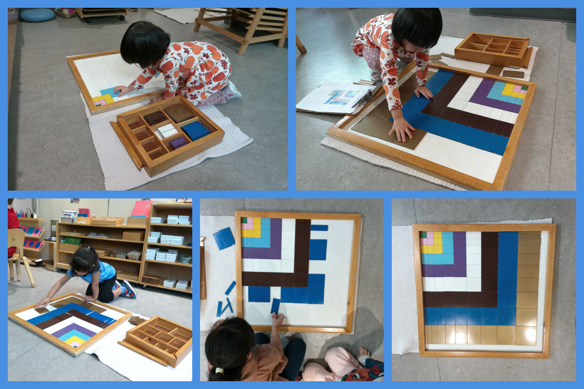 A collage of children systematically fillling in a Pythagoras square with coloured tiles