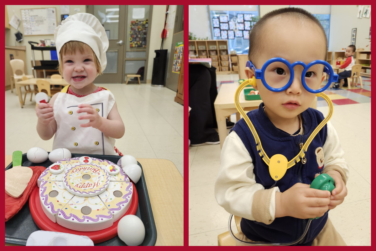 A collage of children wearing a chef outfit and working with a velcro birthday cake cutting set, and wearing glasses and wearing and holding a stethoscope