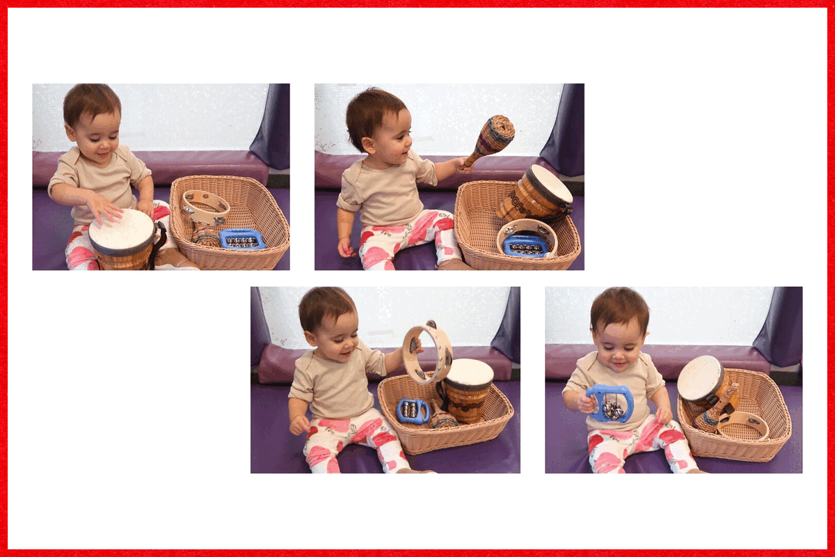 A collage of a child exploring a drum, maraca, tambourine, and shaker