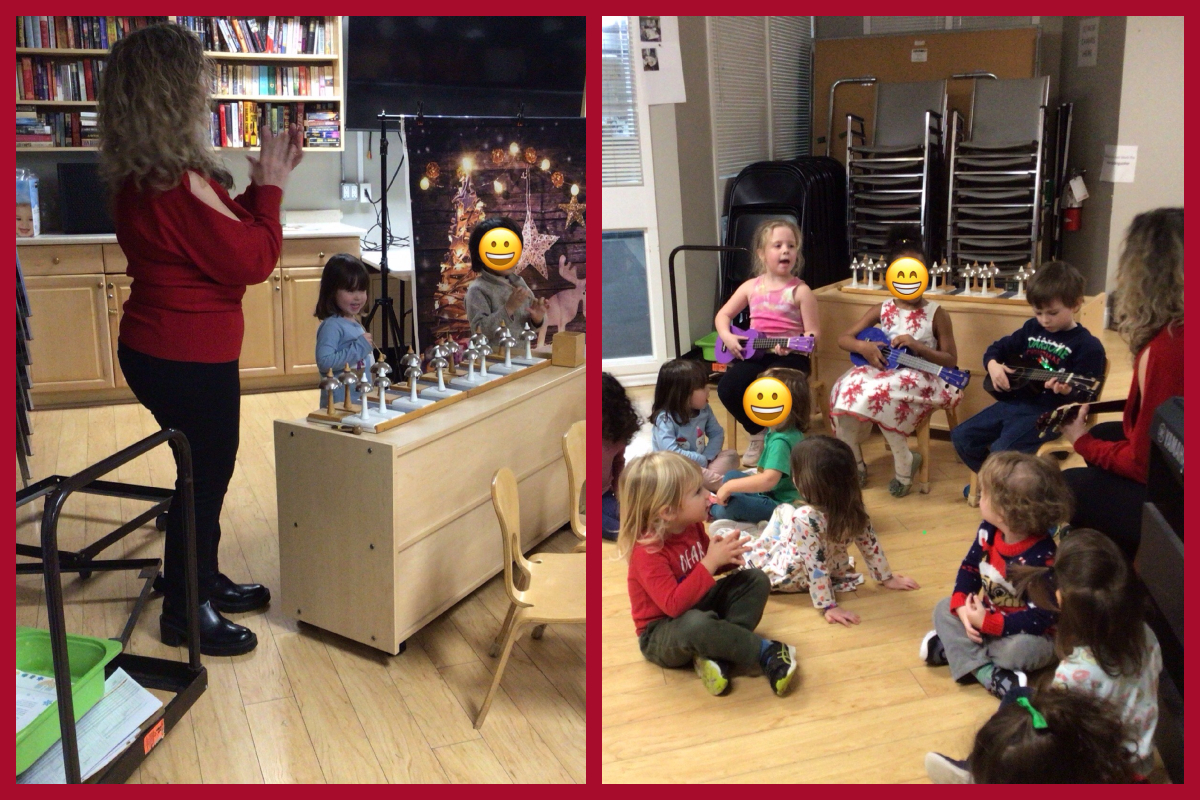 A collage of children playing bells and ukeleles with Adriana during our family holiday celebration