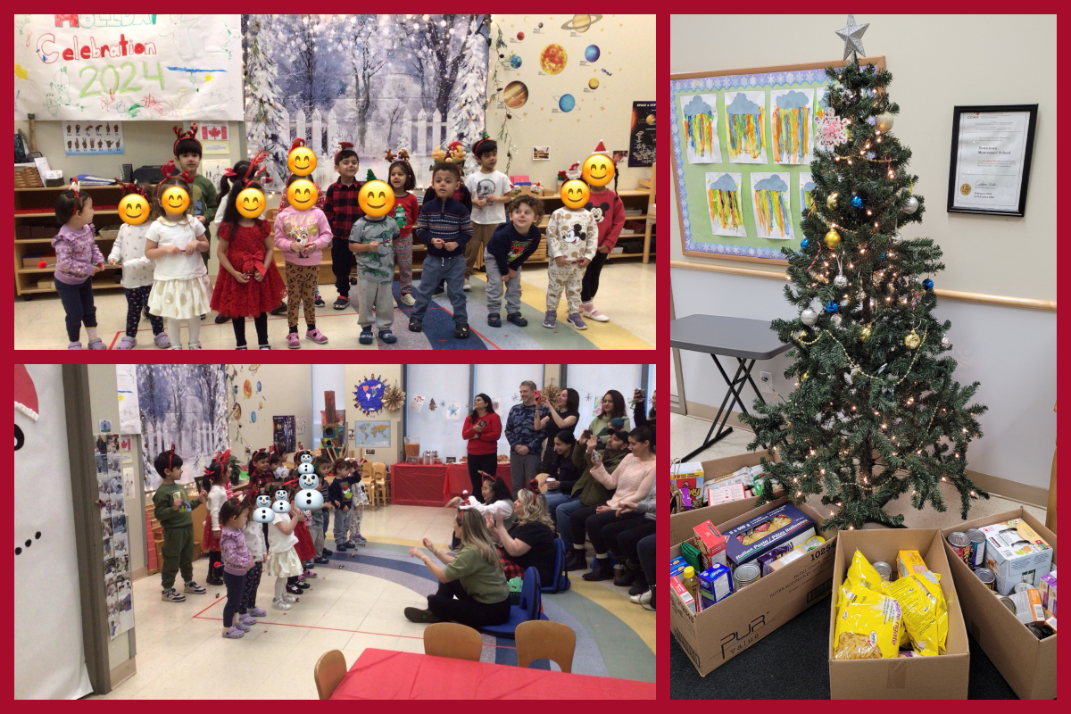 A collage of children performing a song and our holiday tree with donated goods