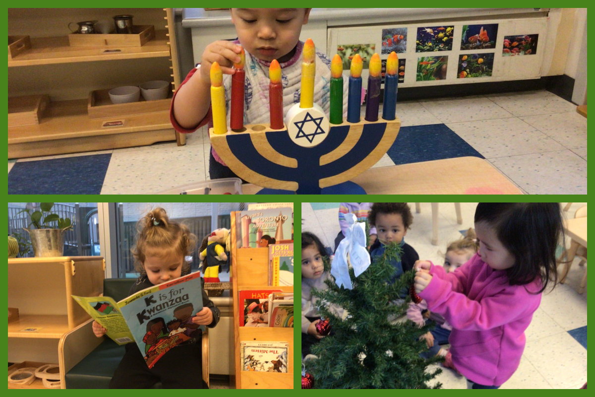 A collage of children placing a candle on a replica menorah, looking at a Kwanzaa book, and placing an ornament on a tree