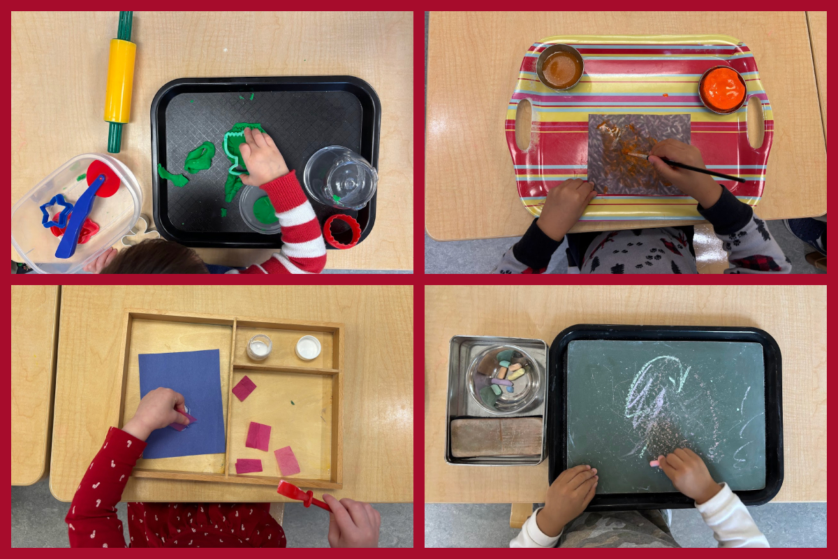 A collage of children working with playdough, painting with watercolours, gluing collage materials, and colouring with chalk