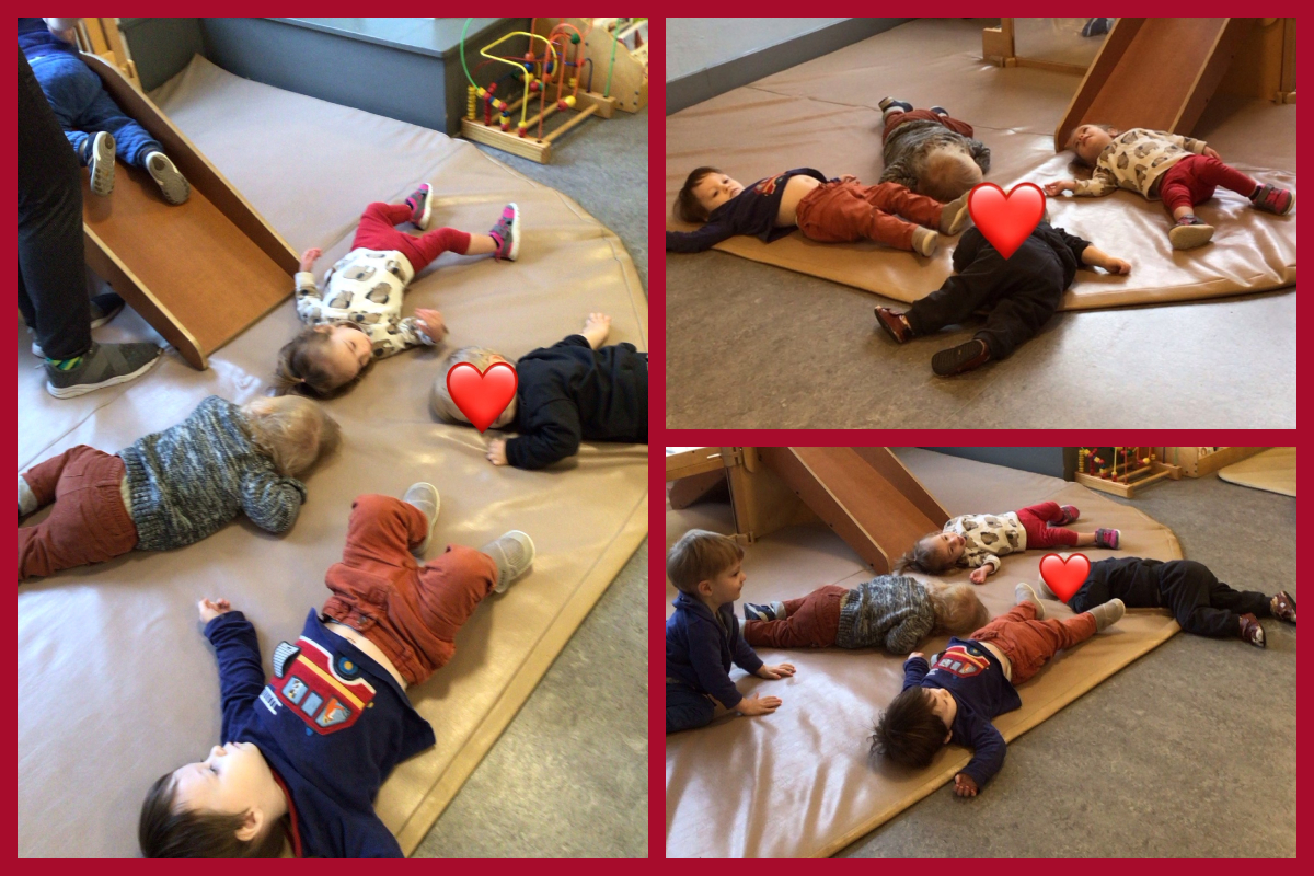 A collage of children lying on a mat acting out 'Sleeping Bunnies'