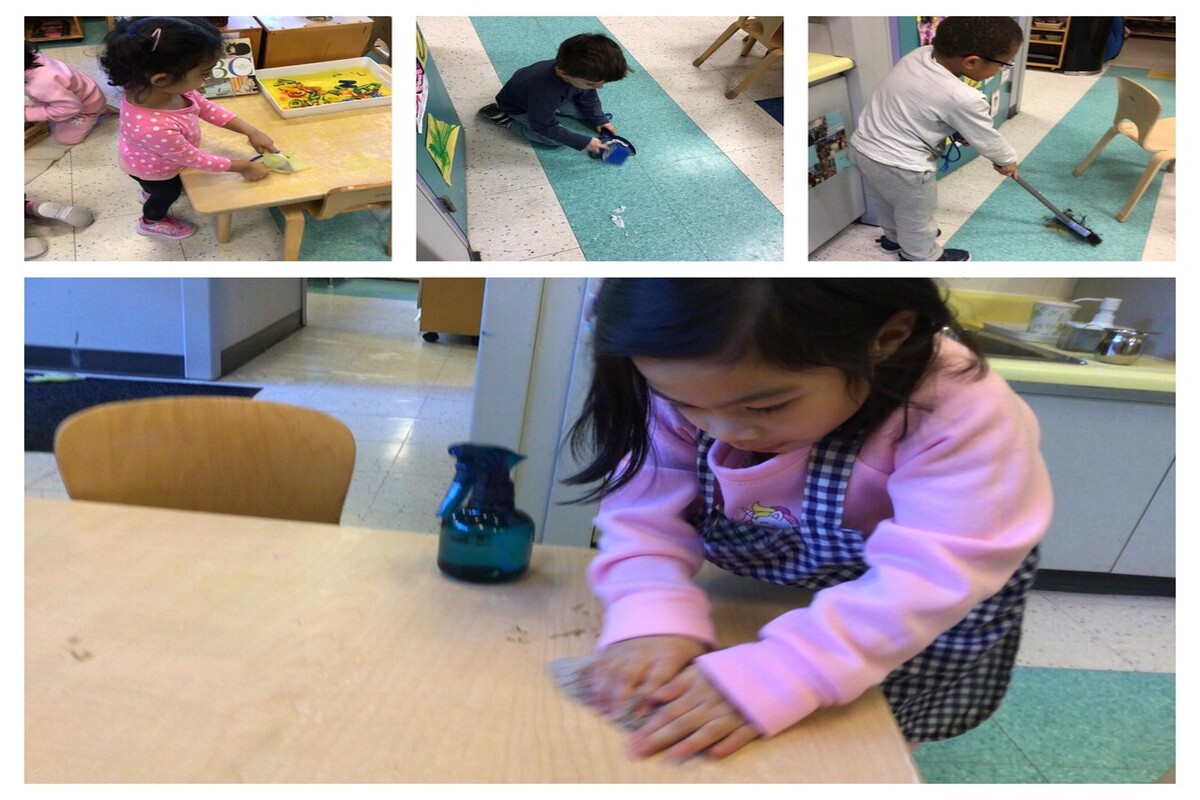 A collage of children using a crumb set on a table, using a sweeper and dustpan, sweeping the floor, and washing a table