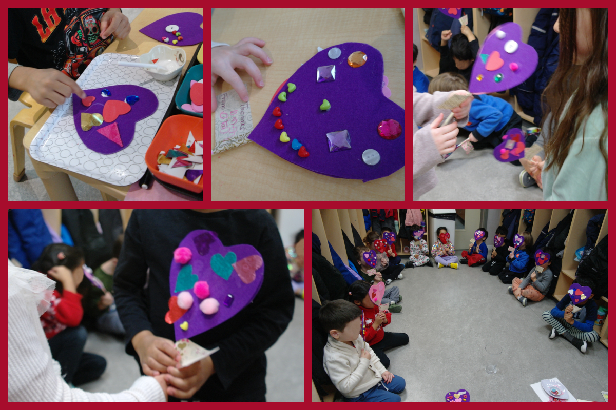 A collage of children decorating and sharing valentines, and showing them at circle time