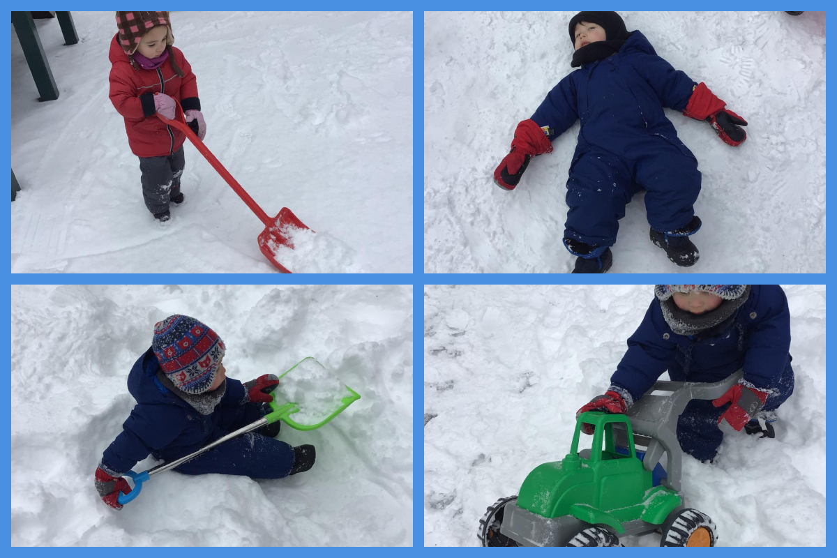 A collage of children shoveling snow, making a snow angel, sitting with a shovel of snow, and pushing a truck in the snow