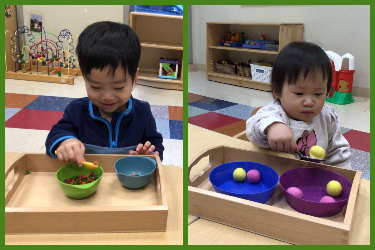 A collage of children transferring pom poms and rice with a spoon