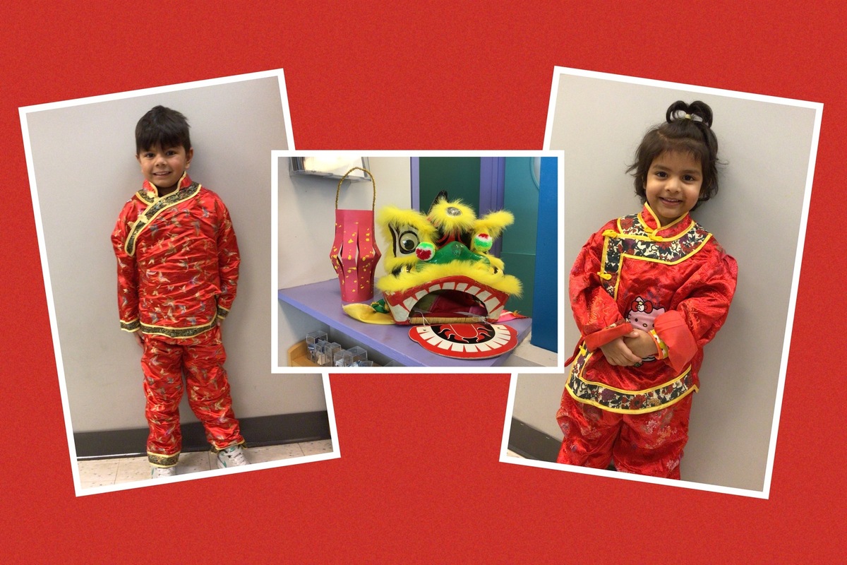 A collage of children in traditional outfits from China, lanterns, and a dragon costume